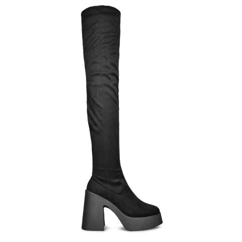 Meinabsatz Dames plateaulaarzen hoge hakken lange schacht overknee boots stiletto's met gespen, Zwarte lak, 46 EU
